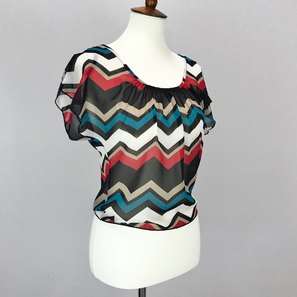 A'gaci Teal Zig Zag Chevron Chiffon Tie Back Top - Picture 7 of 14
